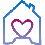 A logo featuring a simplistic outline of a house with a heart in the centre. The colour of the outlines fades from blue to magenta.